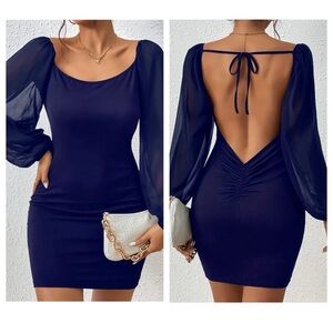 Navy Blue Sheer Sleeve Backless Bodycon Dress